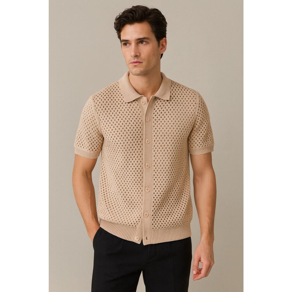 Sandstone Mens L Beige Knit Button Down Knit Polo Retro 70s Resort Quiet Luxury